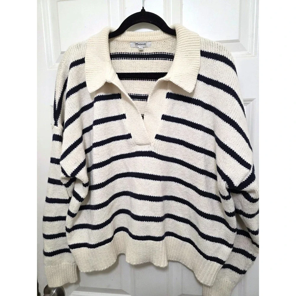 Madewell Women's Cotha‎ core Striped Knit Sweater Collar L Cotton/Acrylic Blend